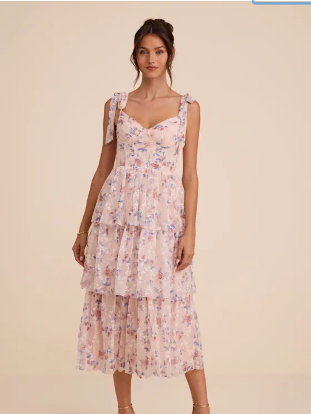 NWT Lulus Tiered Pink Floral Tie-Shoulder Midi Dress